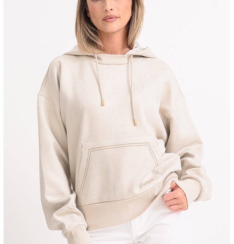 Кадифено худи с декоративни камъни - Светло сив GUESS