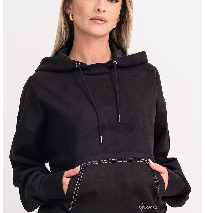 Кадифено худи с декоративни камъни - Черен GUESS