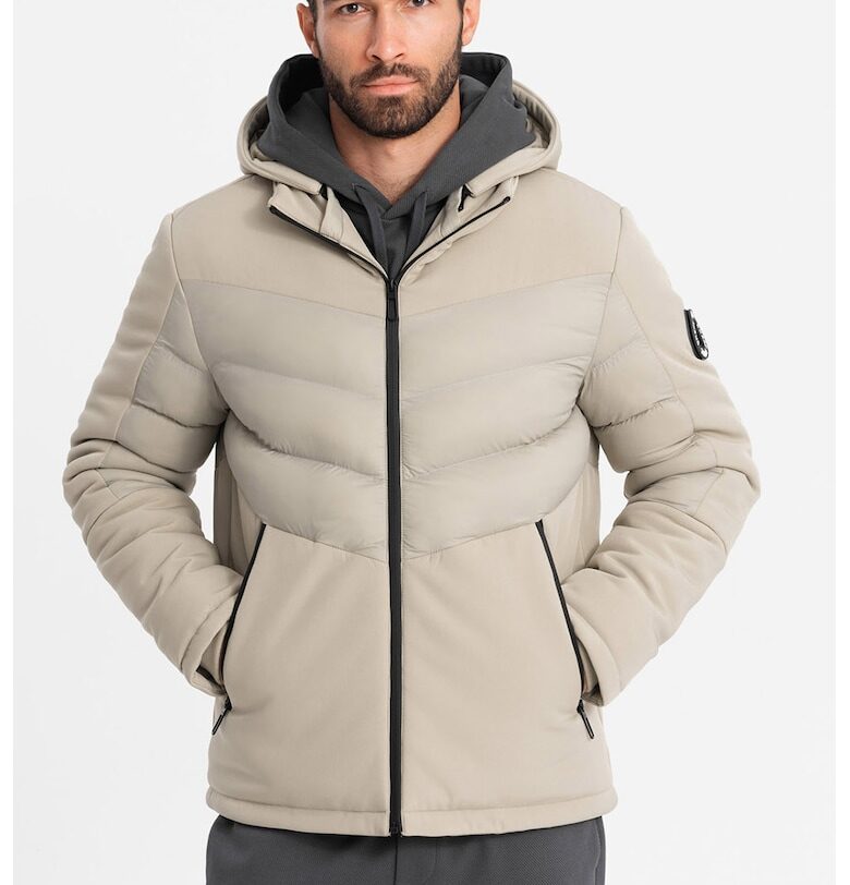 Капитонирано зимно яке с качулка - Светло бежово OMBRE