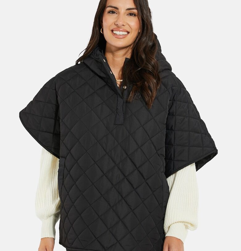 Капитонирано пончо с качулка - Черен Threadbare