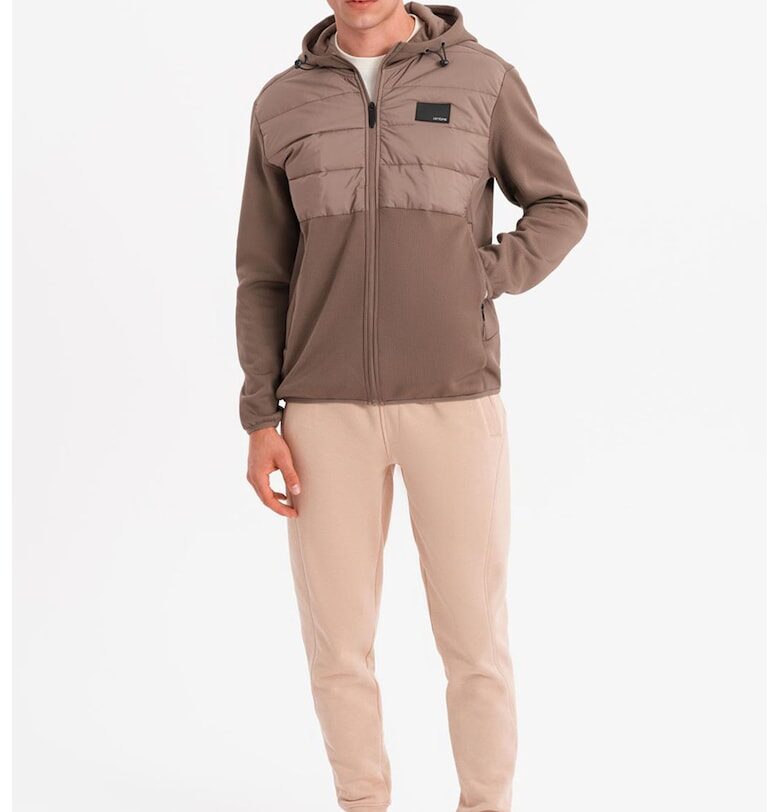 Капитонирано яке с качулка - Сиво-кафяв OMBRE