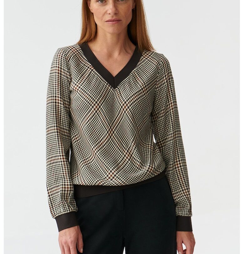 Карирана блуза с шпиц - Бял/Черен/Кафяв Tatuum