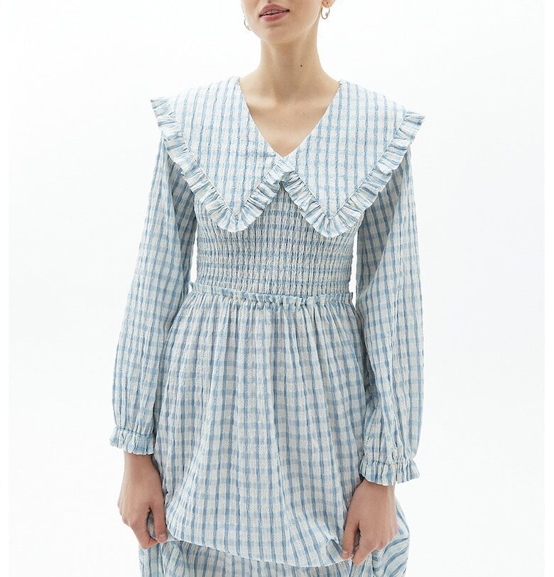 Карирана дълга рокля Papyakpoti - Бял/Светлосин OXXO