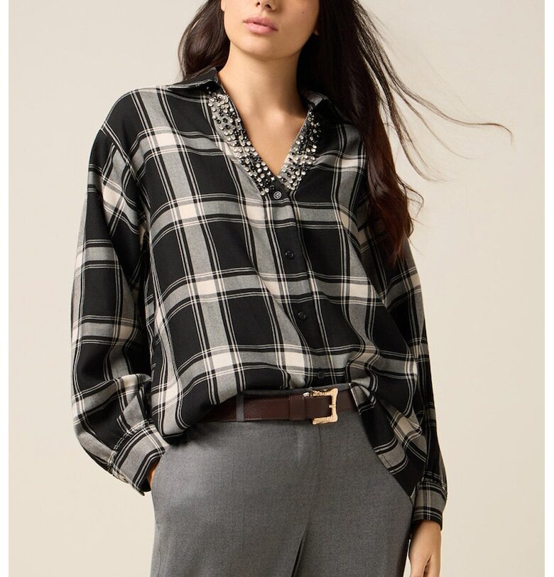 Карирана риза с декоративни камъни - Бял/Избеляло черно Oltre