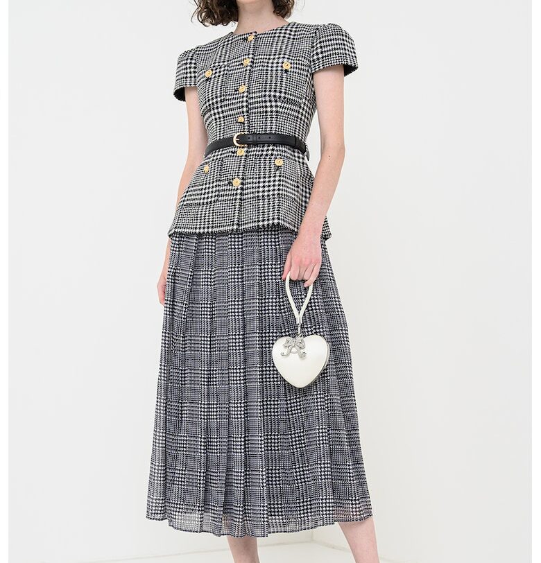 Карирана рокля с вълна с дизайн 2в1 и колан - Бял/Черен SELF-PORTRAIT
