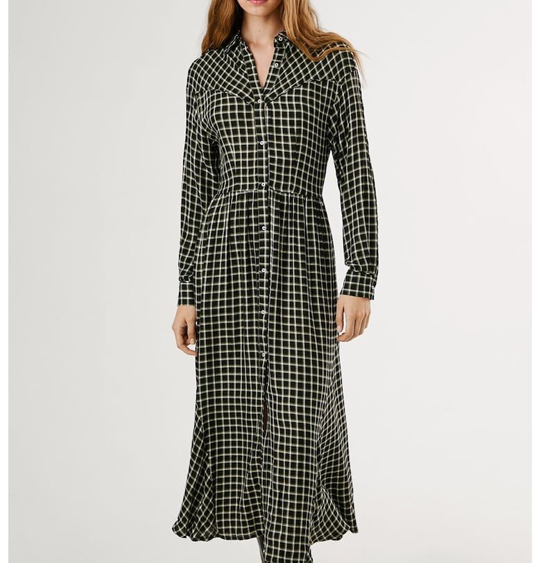 Карирана рокля с дълги ръкави - Бял/Черен/Маслинено зелено Pepe Jeans London