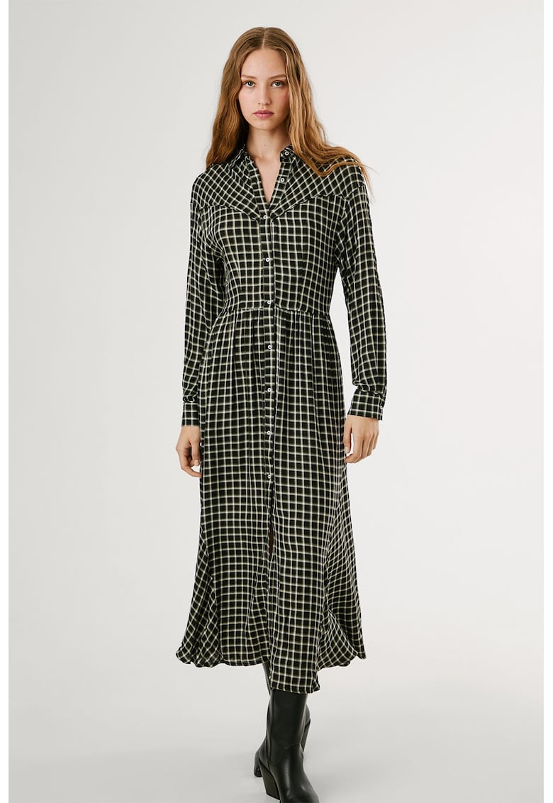 Карирана рокля с дълги ръкави - Бял/Черен/Маслинено зелено Pepe Jeans London