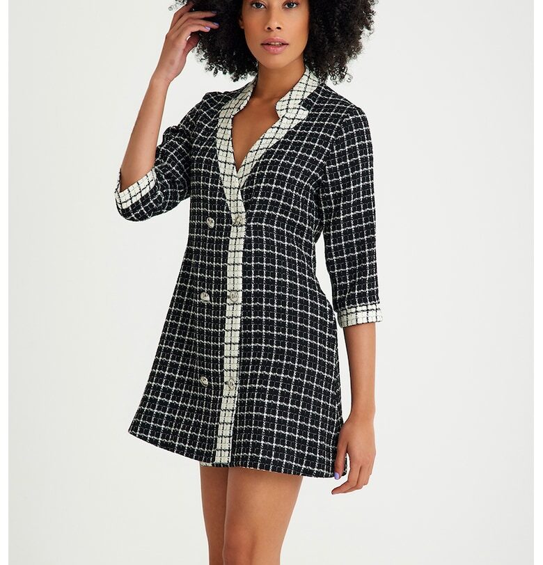 Карирана рокля-сако от туид - Слонова кост/Черен Just Like You