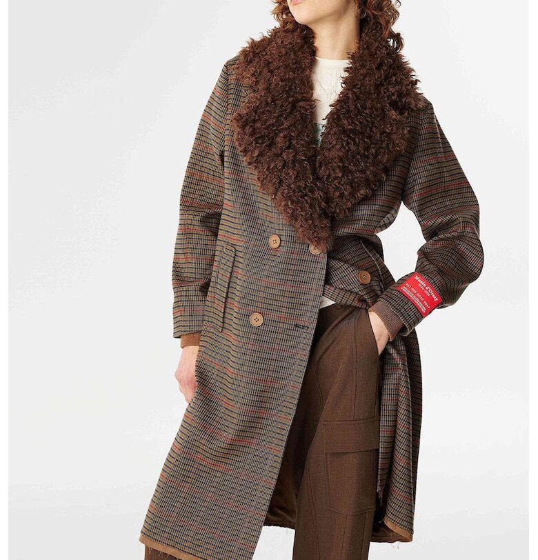 Карирано двуредно палто - Тъмнокафяв/Бледочервен TWIST