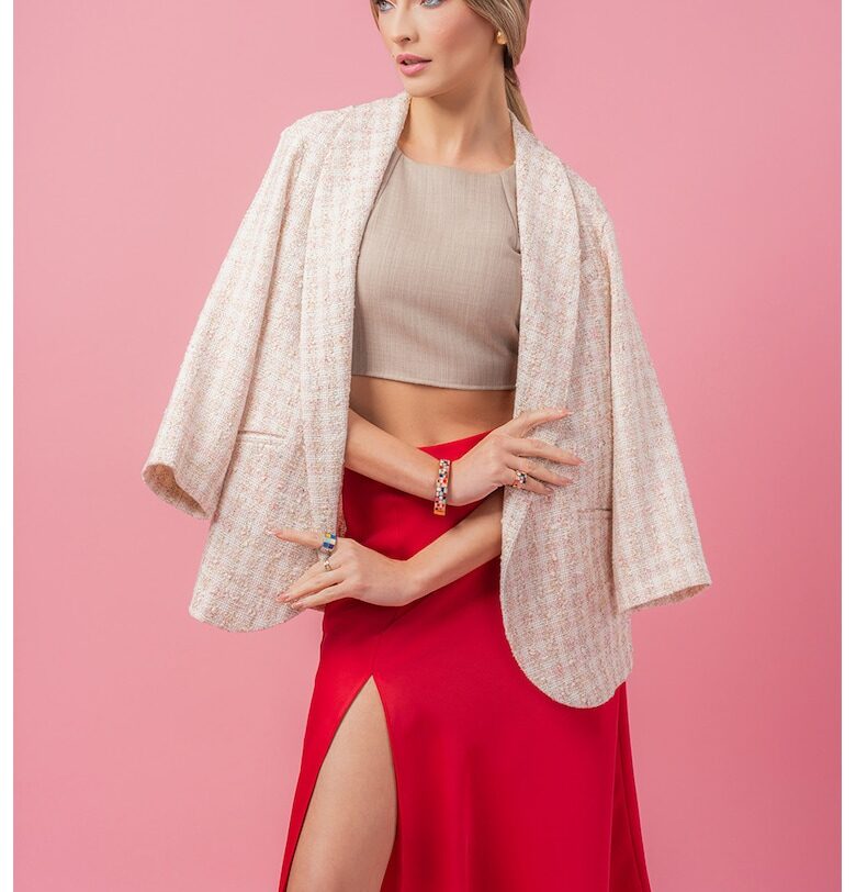 Карирано сако с релеф - Бял/Пастелнорозов EMAT