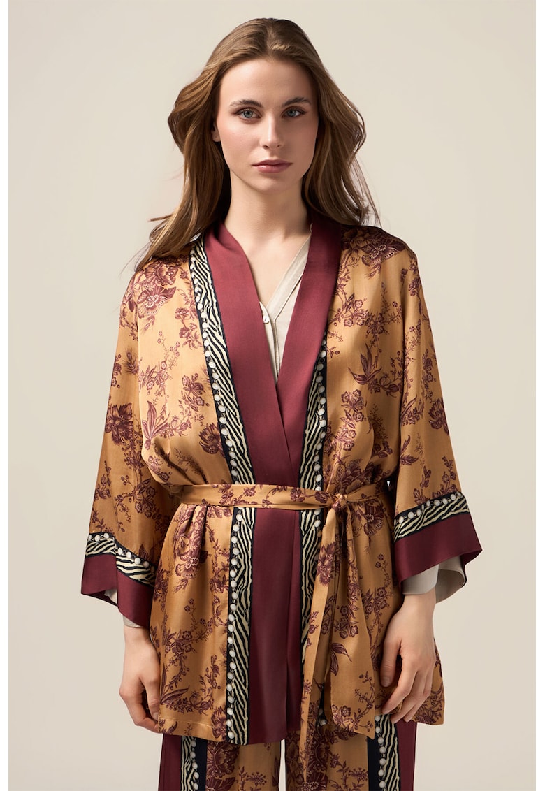 Кимоно с принт и колан - Кафяв/Камел Oltre