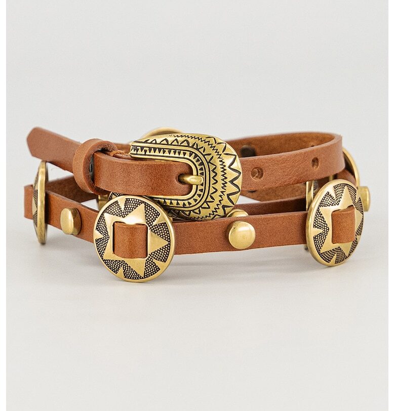 Кожен колан с капси и метални елементи - Карамел Pinko