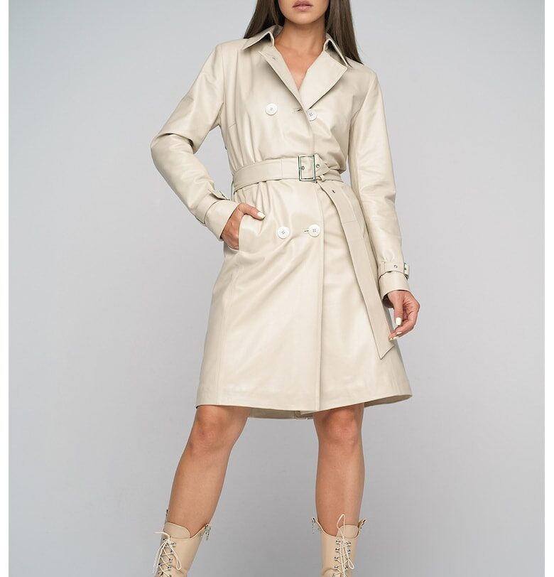 Кожен палто тип тренч с отделящ се колан - Бежов AA Vesa