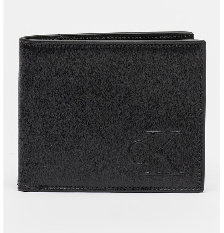 Кожен портфейл с двойно прегъване и релефно лого - Черен CALVIN KLEIN JEANS