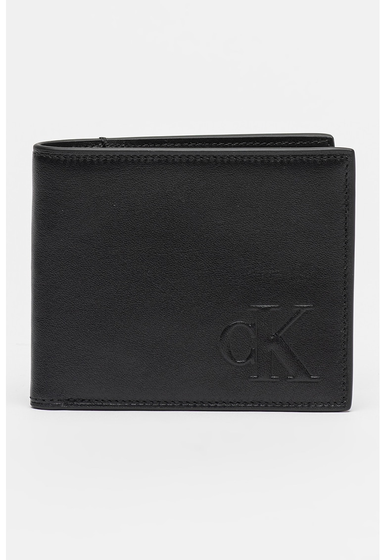 Кожен портфейл с двойно прегъване и релефно лого - Черен CALVIN KLEIN JEANS