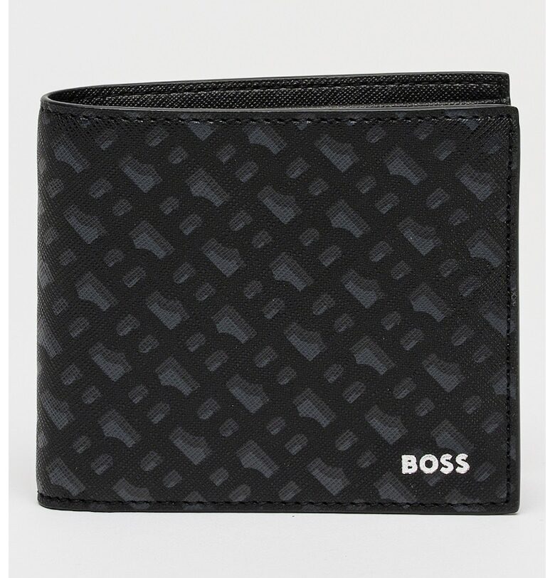 Кожен портфейл с двойно прегъване и шарка - Черен/Сив BOSS