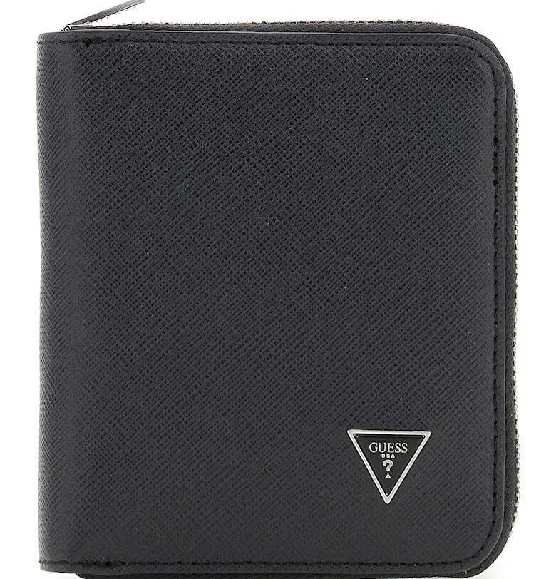 Кожен портфейл с цип и метално лого - Черен GUESS