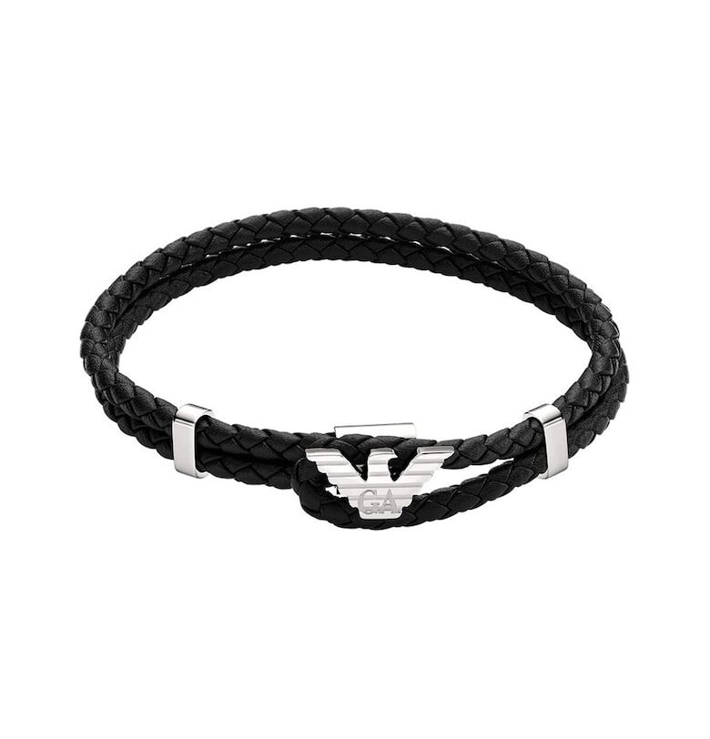 Кожена гривна с детайли от неръждаема стомана - Черен/Сребрист Emporio Armani