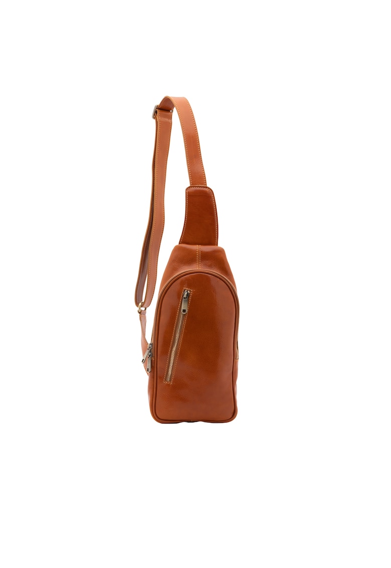 Кожена чанта с преден джоб с цип - Коняк кафяв I Fratelli