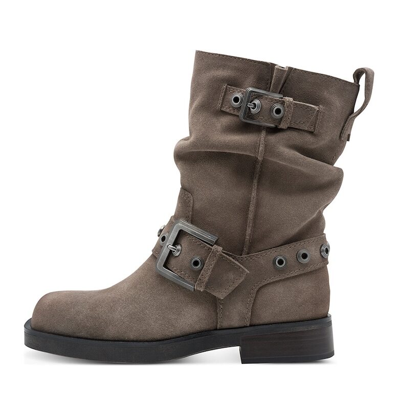 Кожени боти с декоративна каишка с тока - Сиво-кафяв Tamaris