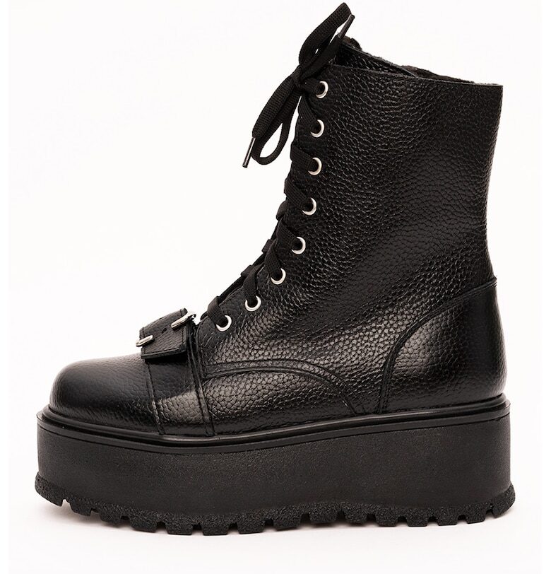 Кожени боти с платформа и релеф - Черен VAGAM