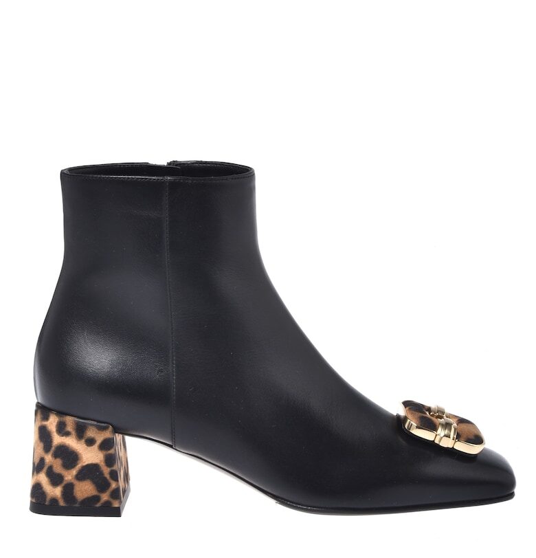 Кожени боти с ток и животинска шарка - Черен/Кафяв Baldinini