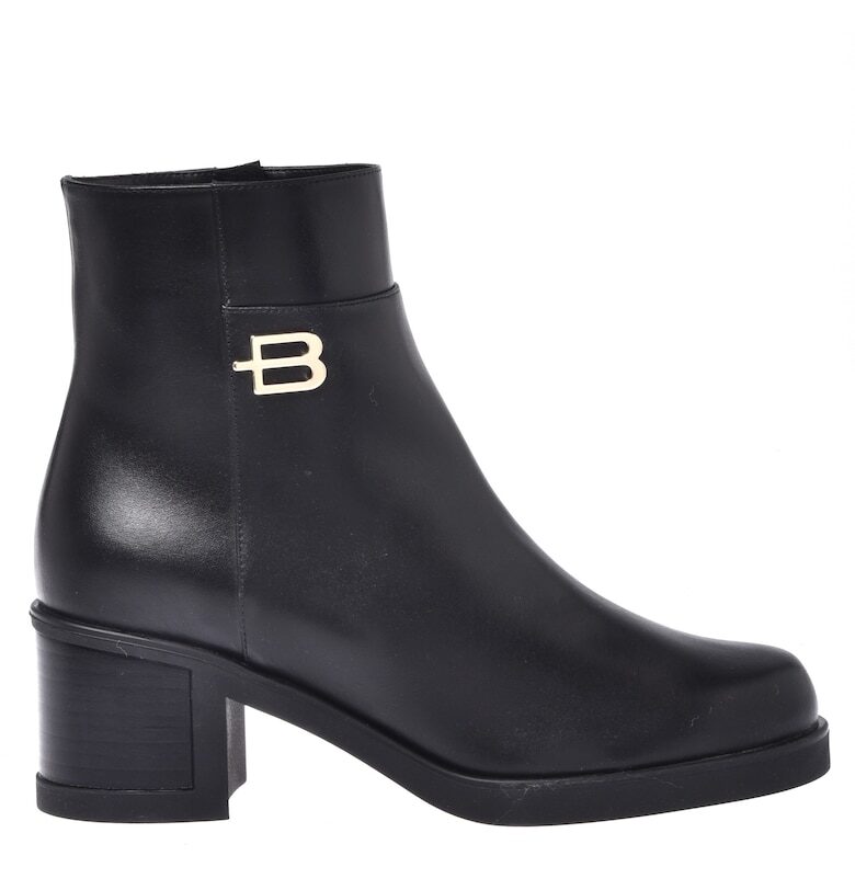 Кожени боти с ток и метален детайл - Черен Baldinini