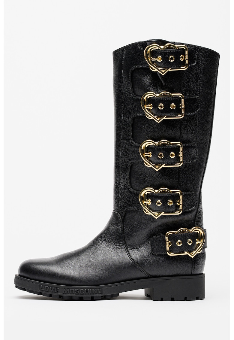 Кожени ботуши до прасеца с токи - Черен Love Moschino