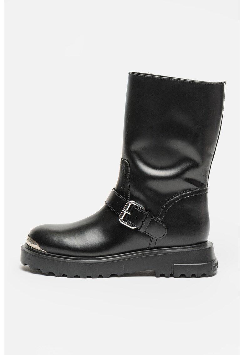 Кожени ботуши с метална апликация - Черен/Сребрист Love Moschino