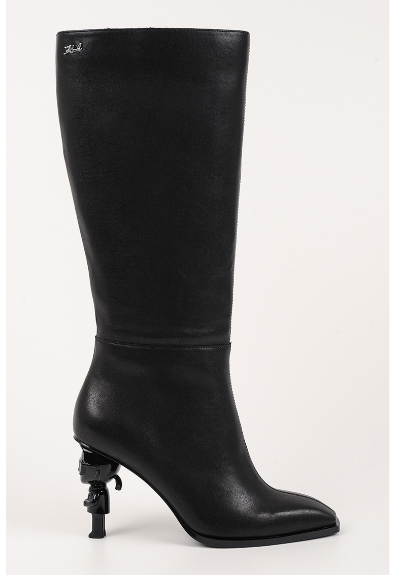 Кожени високи ботуши с квадратен връх и лого - Черен Karl Lagerfeld