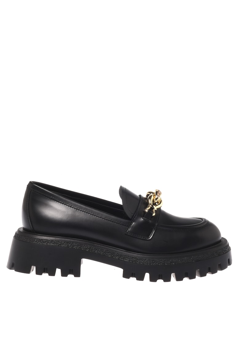 Кожени мокасини с метален детайл - Черен Baldinini