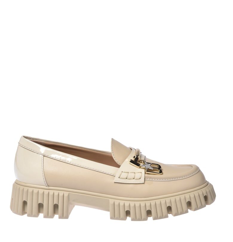 Кожени мокасини с метален монограм - Слонова кост Baldinini