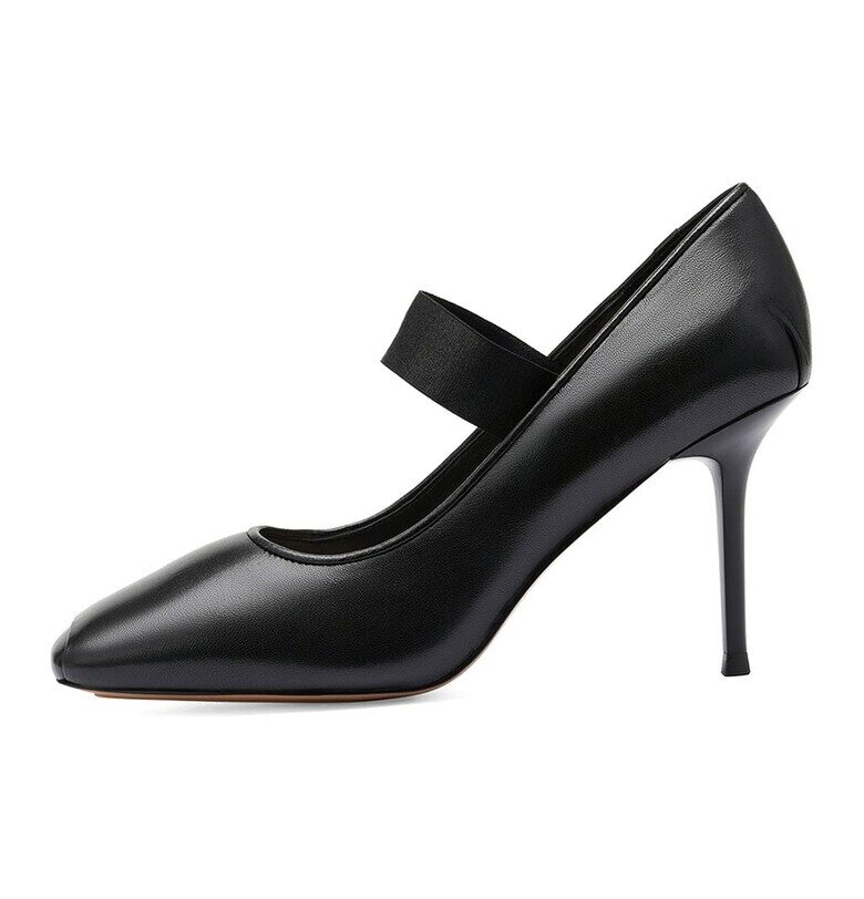 Кожени обувки с квадратен връх и ток стилето - Черен Potamy