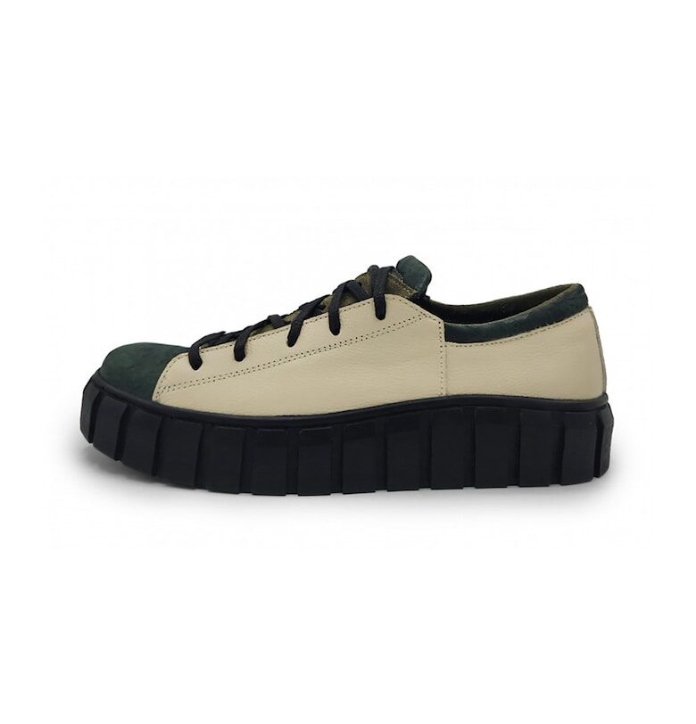 Кожени обувки с ниска подметка и велур - Тъмнозелен/Светло бежово unudoitrei