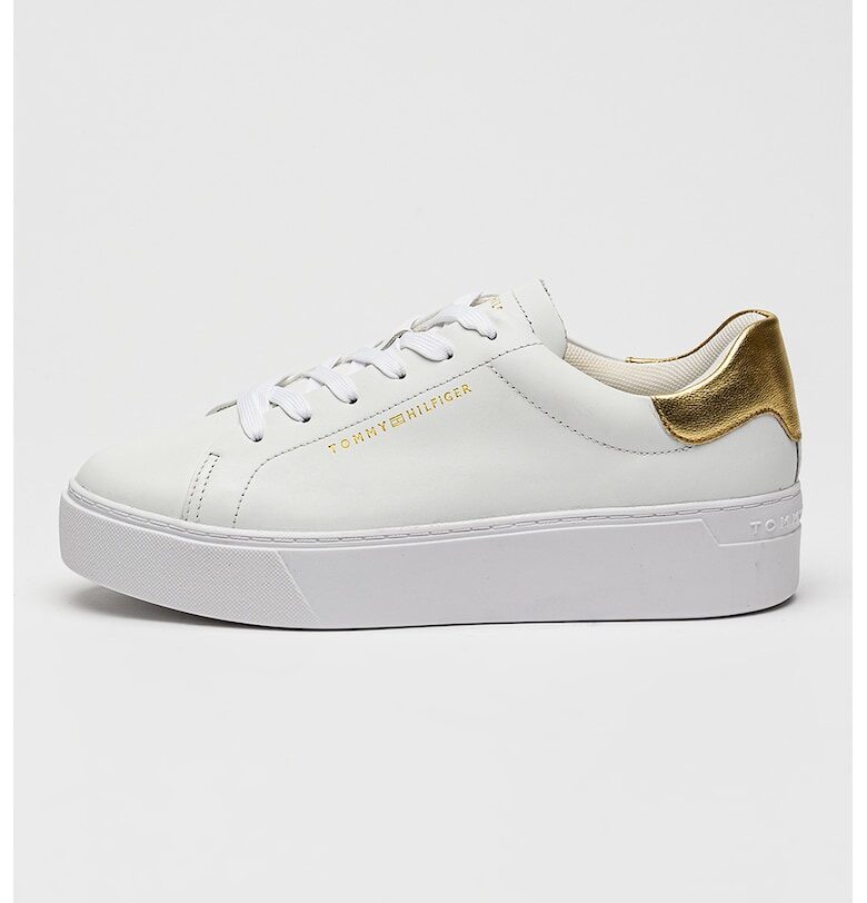 Кожени спортни обувки с равна платформа и лого - Бял/Златист Tommy Hilfiger