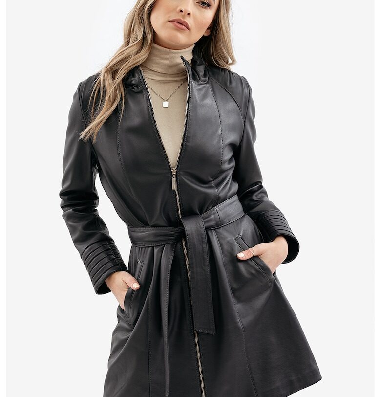 Кожено дълго яке Paloma с колан - Антрацитно сиво Gerali