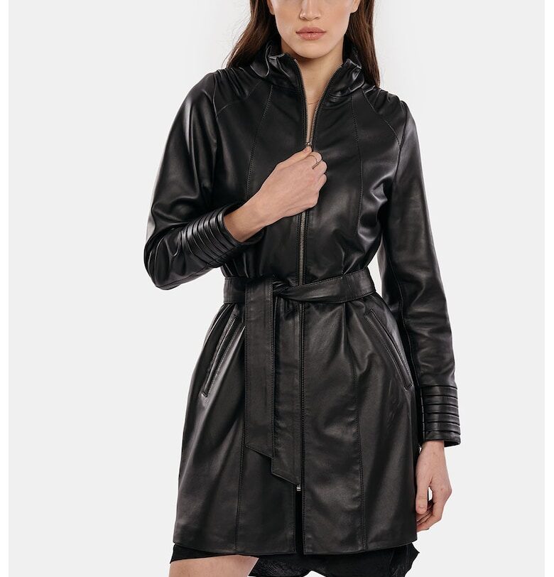 Кожено дълго яке Paloma с колан - Черен Gerali