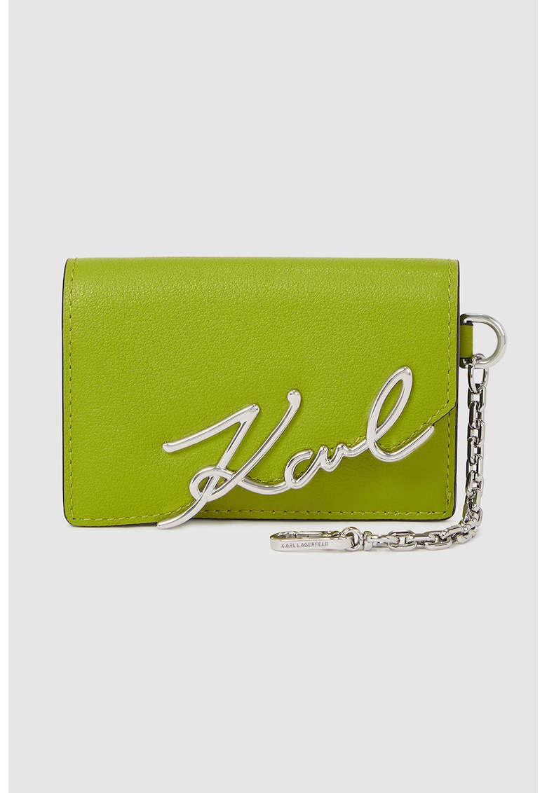Кожено портмоне с метално лого - Светлозелен Karl Lagerfeld