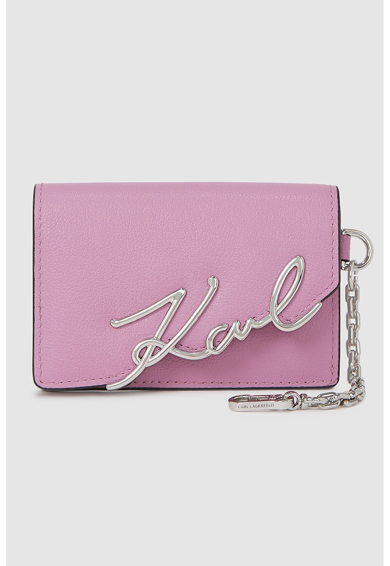 Кожено портмоне с метално лого - Светлорозов/Сребрист Karl Lagerfeld
