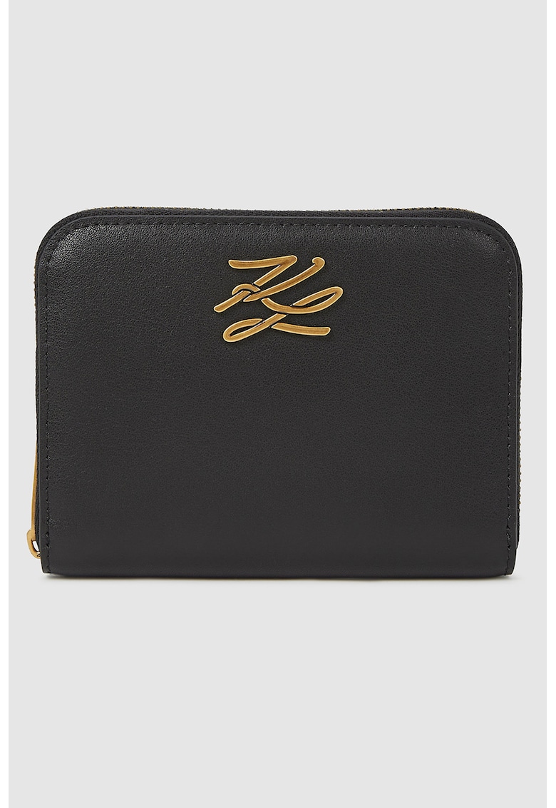 Кожено портмоне с цип и лого - Златист/Черен Karl Lagerfeld
