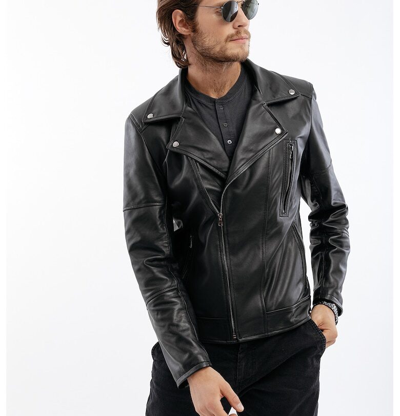 Кожено яке Biker с асиметрично закопчаване - Черен Gerali