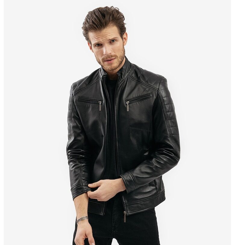 Кожено яке Dinu по тялото с джобове - Черен Gerali