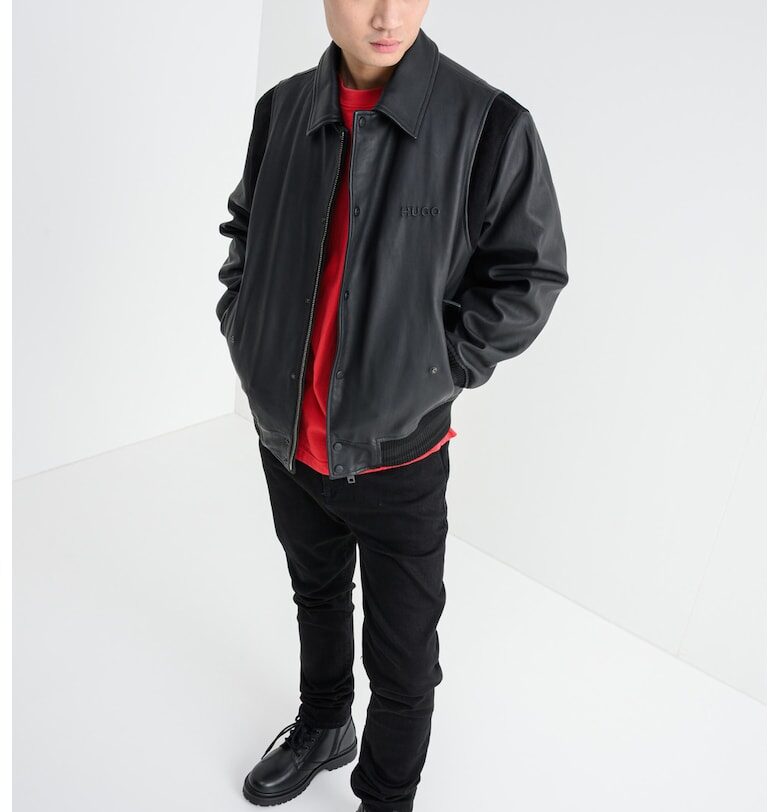 Кожено яке Lewick с велур - Черен HUGO