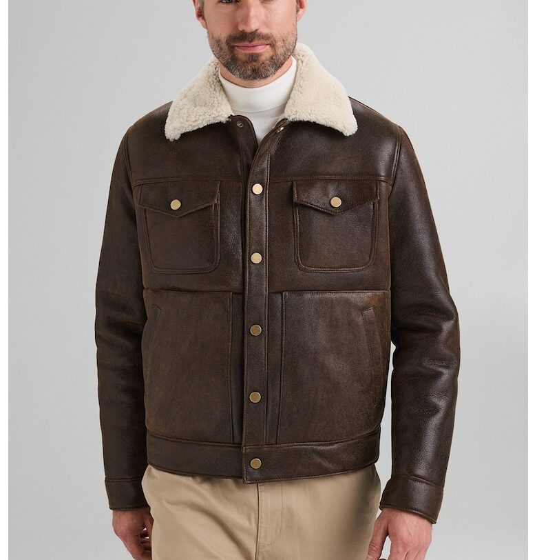 Кожено яке с агнешка вълна - Тъмнокафяв AA Vesa