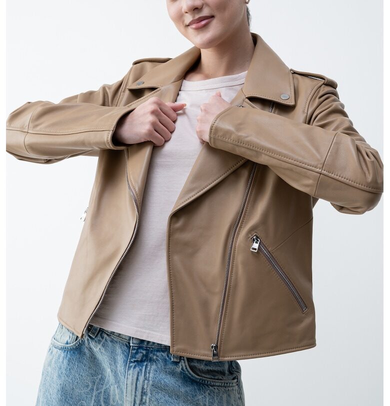 Кожено яке с асиметричен цип - Светлокафяв HUGO