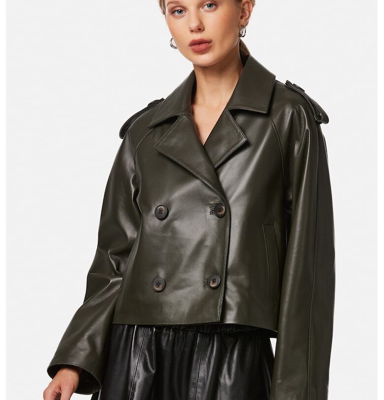 Кожено яке с двуредно закопчаване - Тъмно каки AA Vesa