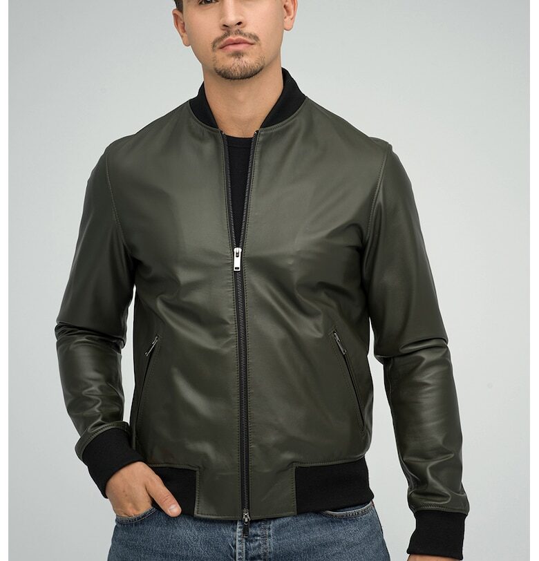 Кожено яке с джобове с цип - Каки AA Vesa