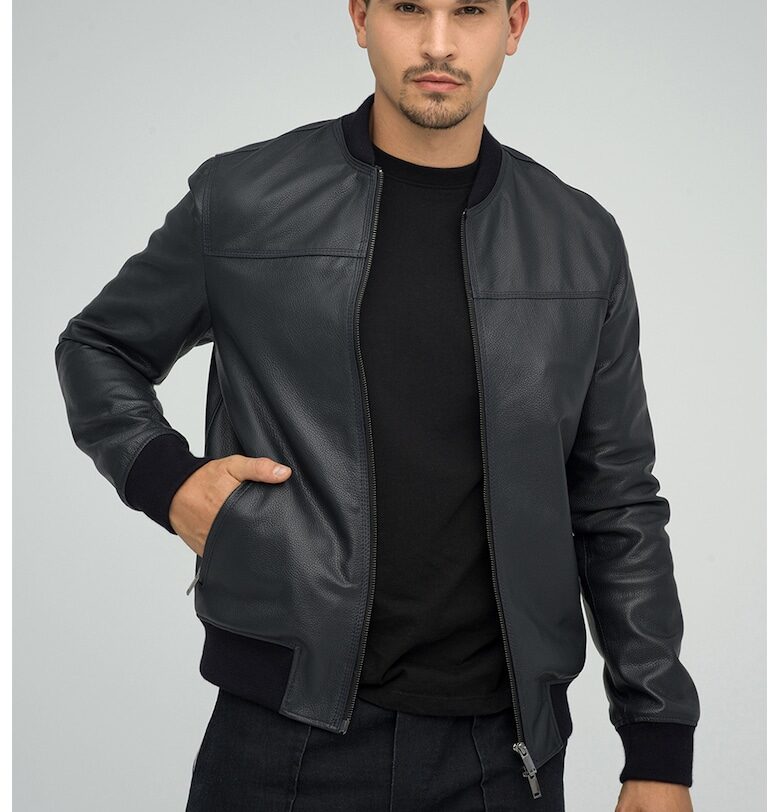 Кожено яке с джобове с цип - Тъмносин AA Vesa