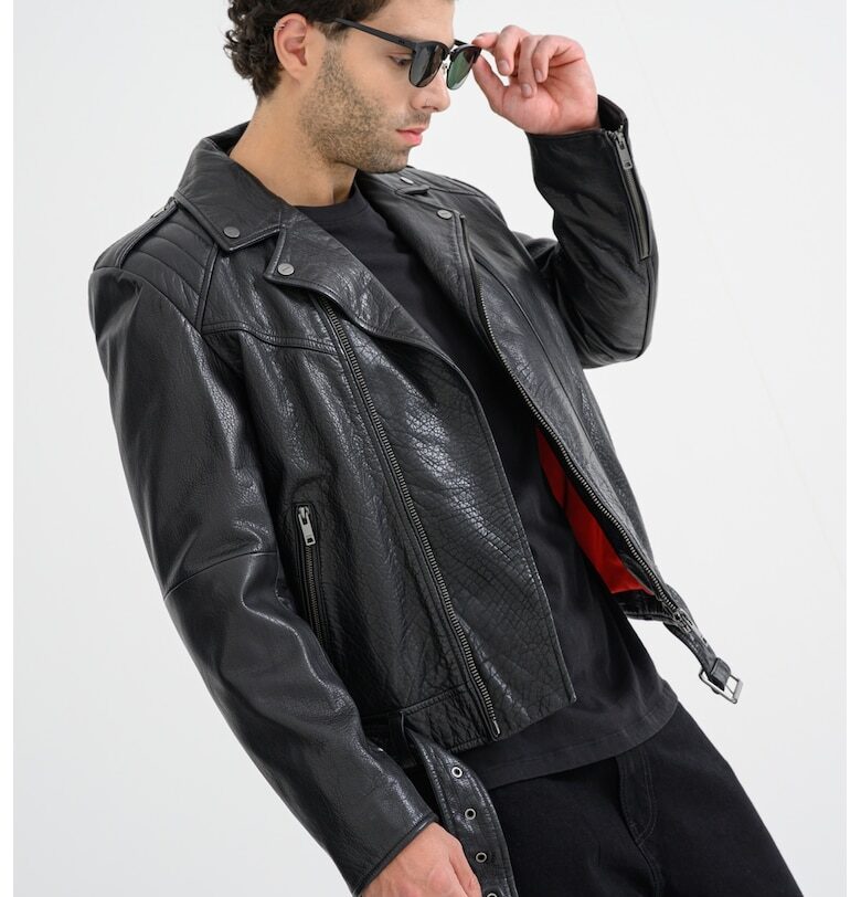 Кожено яке с колан - Черен HUGO