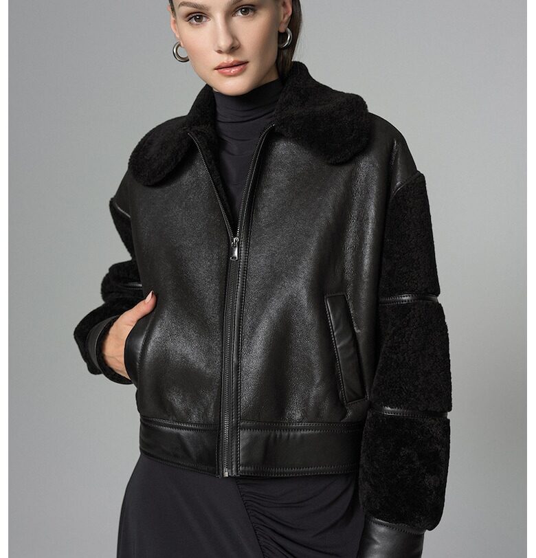 Кожено яке с мерино и свободна кройка - Черен AA Vesa